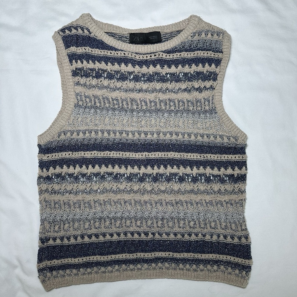Zara Sweater Vest Women's Size M Blue Tan Knit Crochet‎